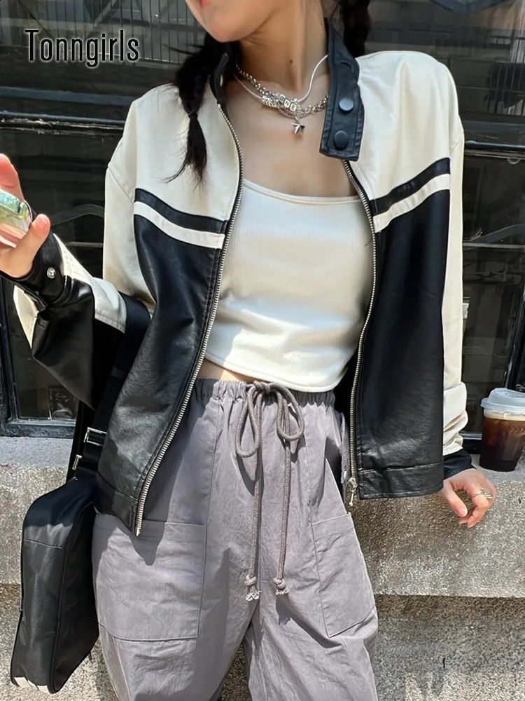 Tonngills leather jacket womens casual PU Y2k retro jacket womens patch work streetwear American retro motorcycle jacket leather 240827