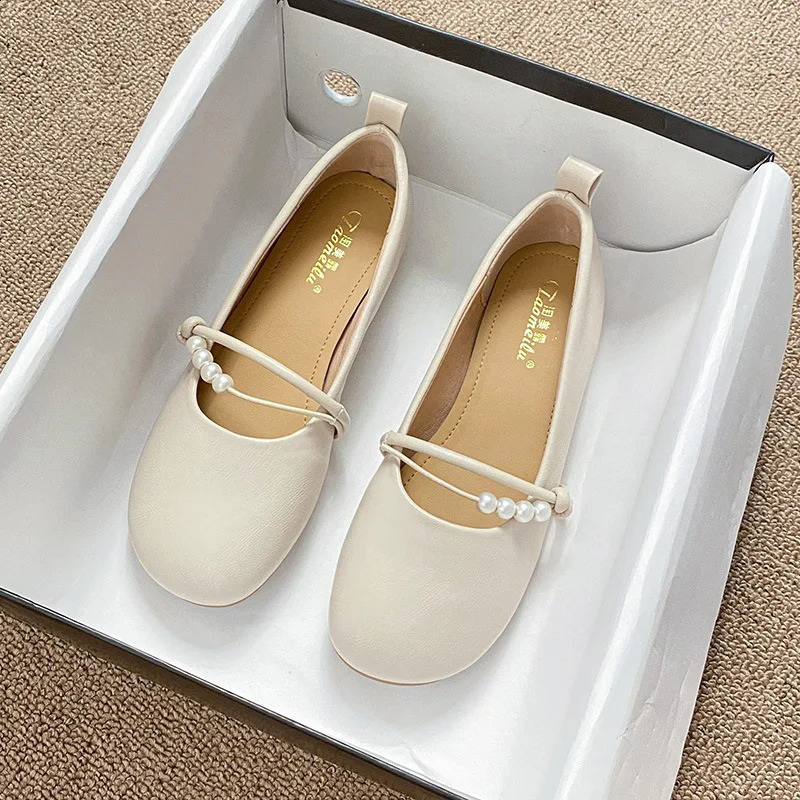Shallow pearl decorative shoes for women 204 elegant casual womens sports shoes fully matched round toe flat bead Moccasin S 240827