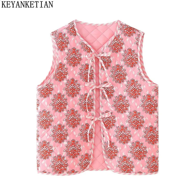 KEYANKETIAN Womens Totem Printed Lace Top Sleeveless Bedding Jacket Autumn Ethnic Style Retro Thin Tank Top 240828
