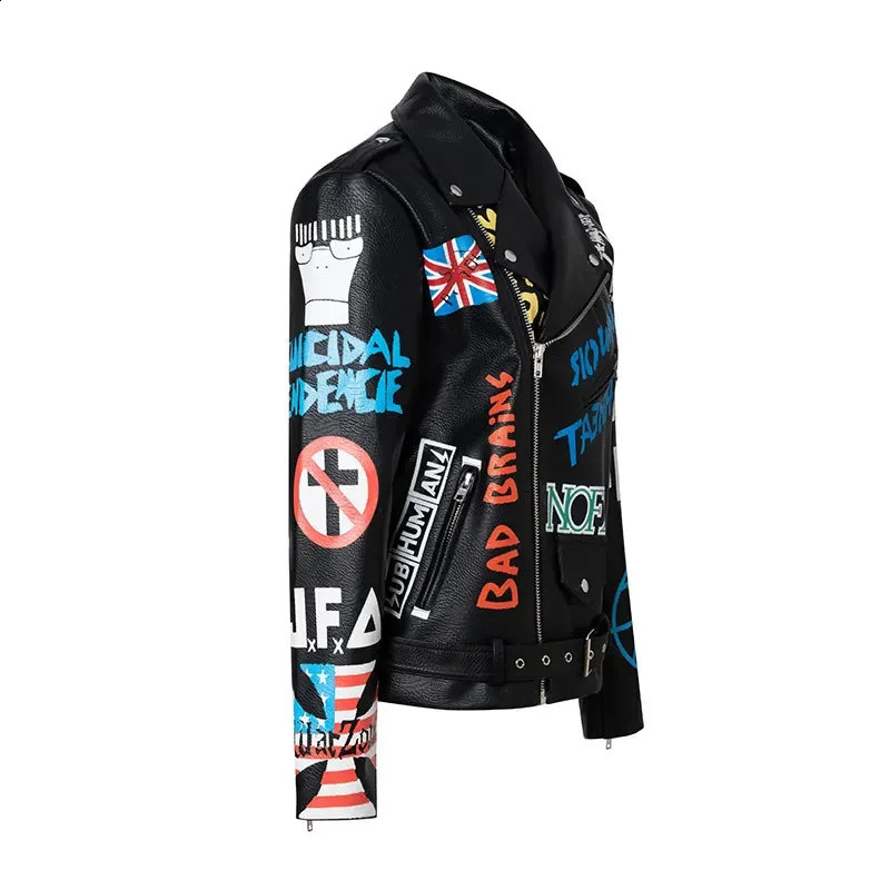 Contrast Graffiti Print womens and mens leather jackets streetwear punk style black faux leather motorcycle jacket 240827