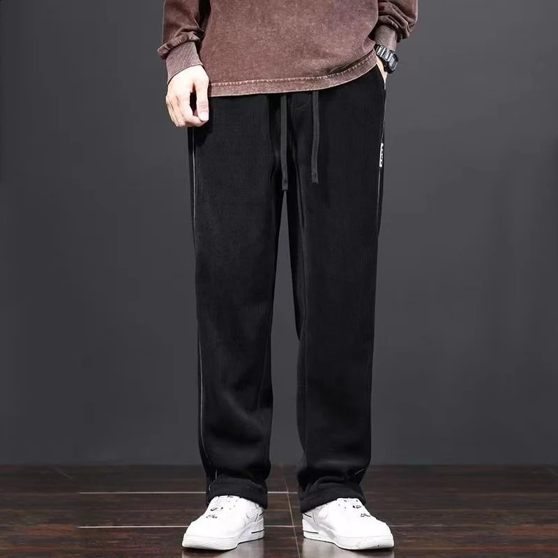 Spring/Summer Casual Pants Mens Solid Striped Elastic Waist Patch Work Drawstring Pocket Versatile Straight Trousers 240828