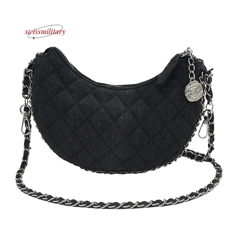 Swissmilitary 2024 new denim cloth women's fashion diamond grid embroidery thread chain crossbody bag, internet famous versatile crescent bag #31