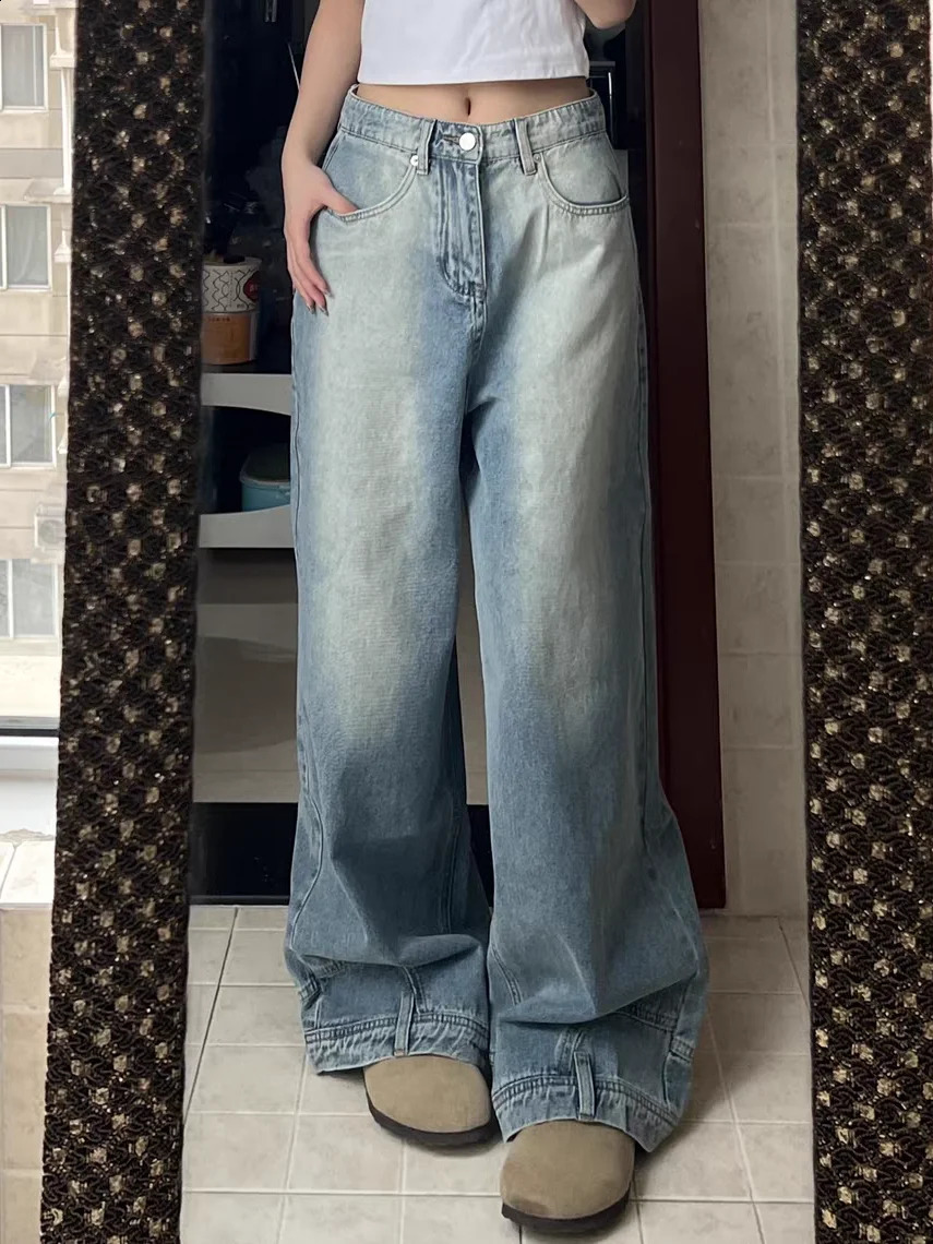 High Street Straight American Retro Washed Reverse Wear Design Jeans Mens and Womens Loose Casual Pants y2k 240827