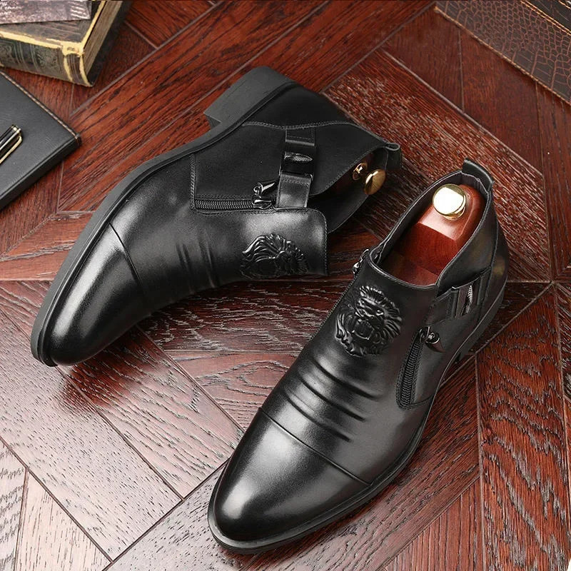 High Top Men Shoes Autumn Mens Casual Leather Shoes Double Sided Zippered Boots Man Ankle Boots Pointed Toe Low 1cm-3cm 240819