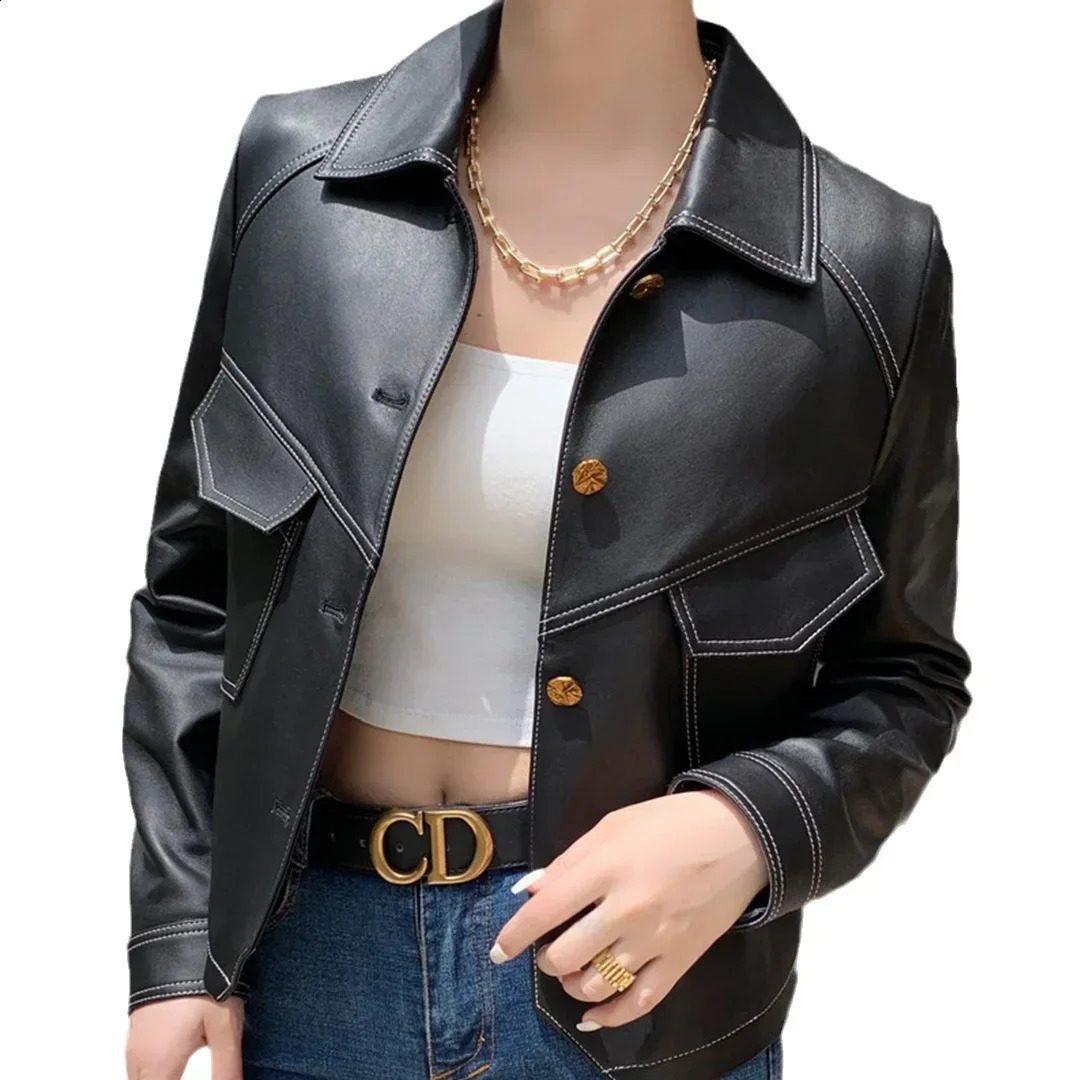Spring and autumn single chest leather jacket for women short and slim fit motorcycle leather jacket for women brown collar PU jacket for women 240827