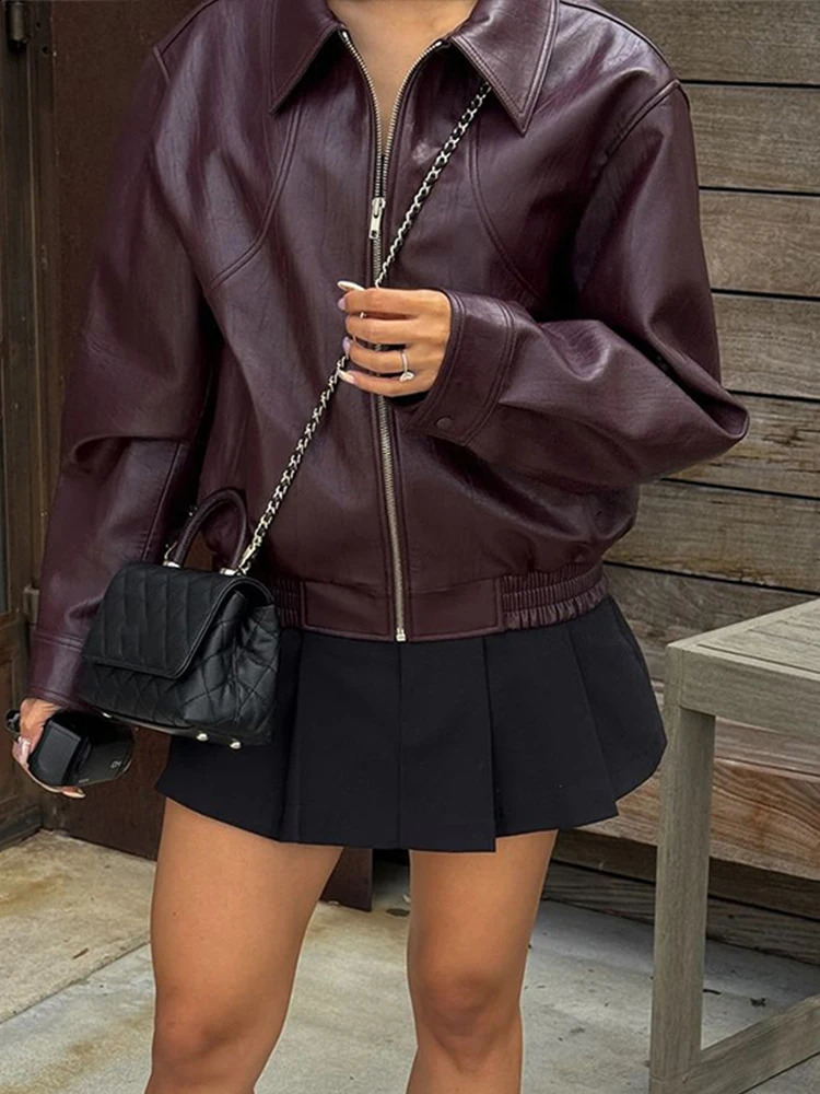 Solid zipper womens leather jacket casual lapel long sleeved womens jacket autumn casual womens jacket 240827