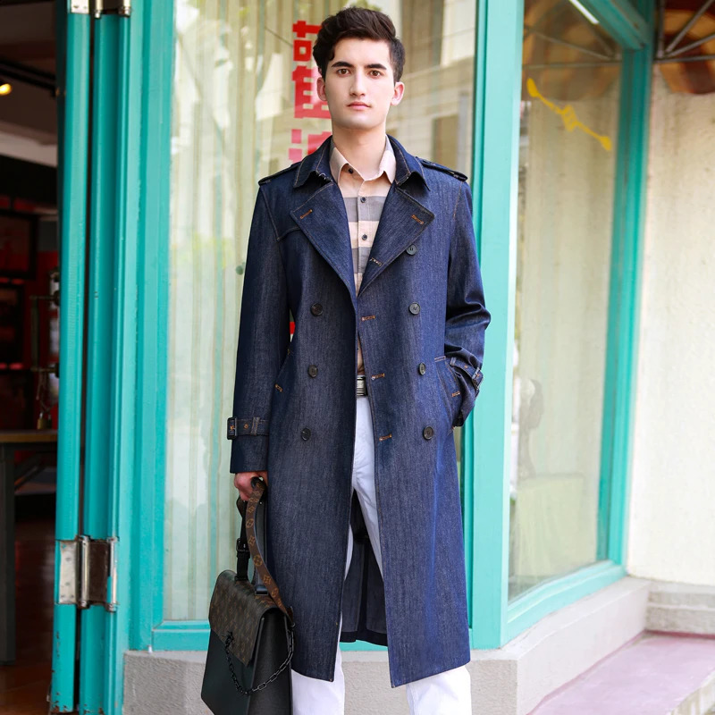 Denim long trench coat over the knee double breasted British Autumn and winter thickened warm retro classic mens windbrea 240828CJ - view 3