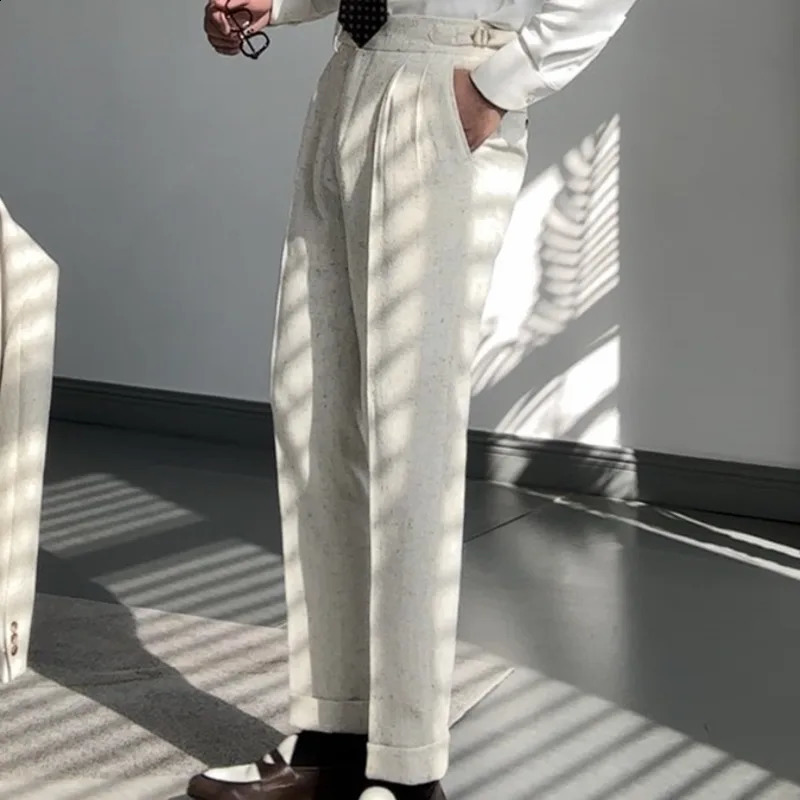 Spring High Waist Straight Leg Trouser Mens Top Quality Paris Button Trouser Casual Business Naples Gentleman Set Pants 240828
