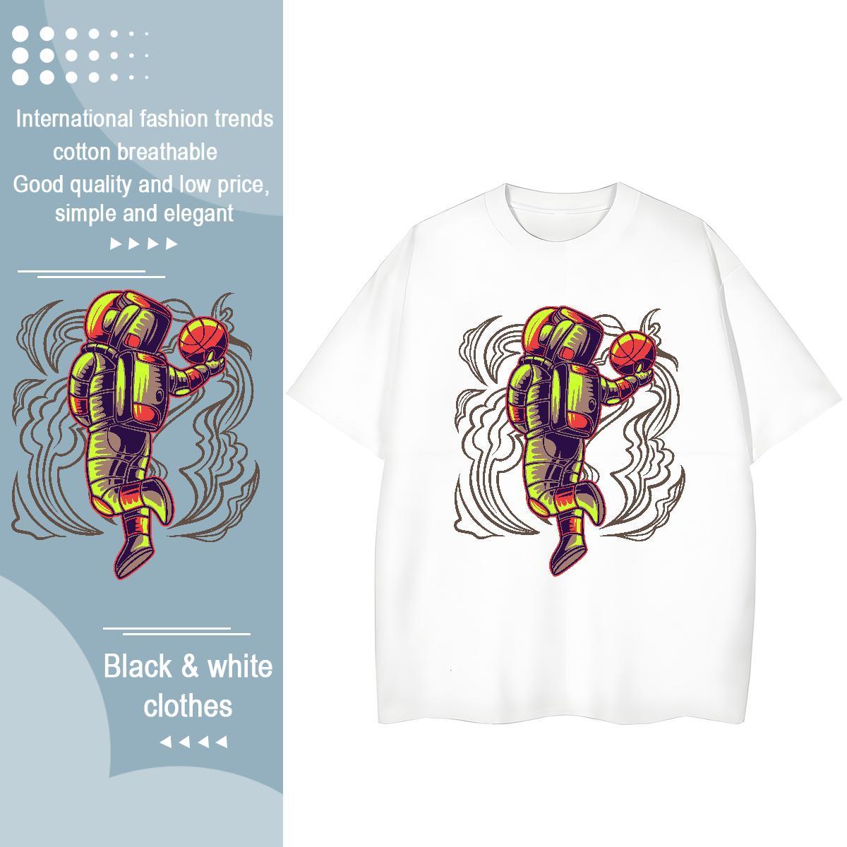 Loose fit Couples T Shirts 100% Cotton 230g spaceman Casual Women T Shirts Short Sleeve O-Neck Floral Print Tops Shirt
