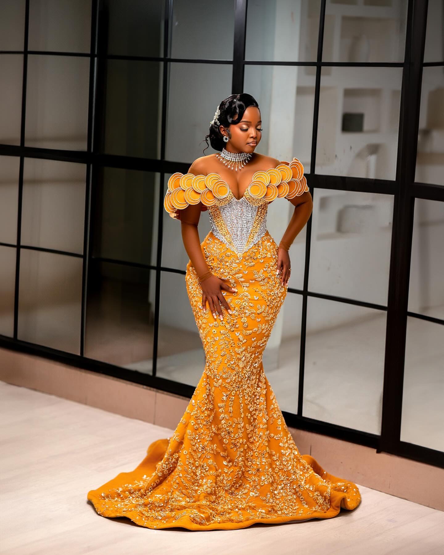 African Aso Ebi 2025 Yellow Mermaid Prom Dress Lace Dresses For Special Ocns Rhies rals Evening Formal Party Birthday Second Engagement Gowns