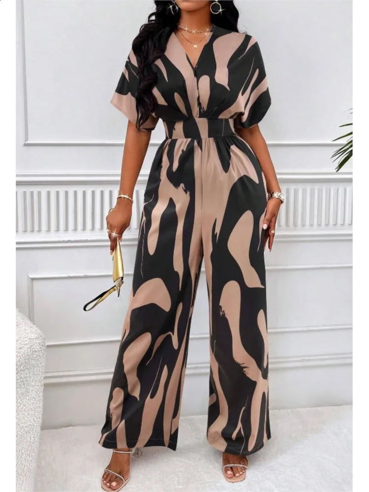 Summer one-piece striped printed short sleeved V-neck womens jumpsuit elegant high waisted wide pants jumpsuit vacation jumpsuit 240827