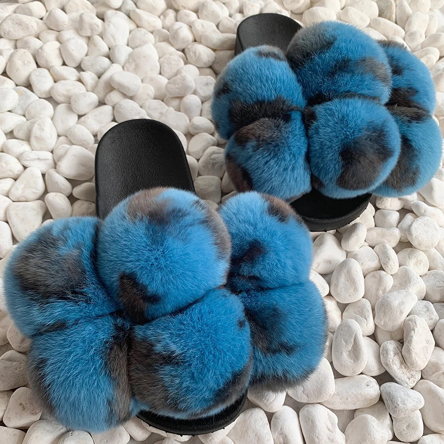 Pom fur slider womens fluffy slider fur sandals real rabbit fur slider fox fur slider multi-color customization 240827