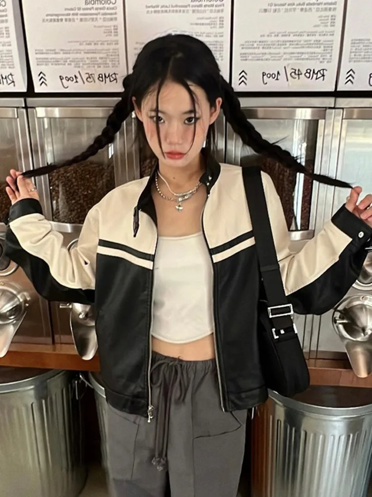 Tonngills leather jacket womens casual PU Y2k retro jacket womens patch work streetwear American retro motorcycle jacket leather 240827