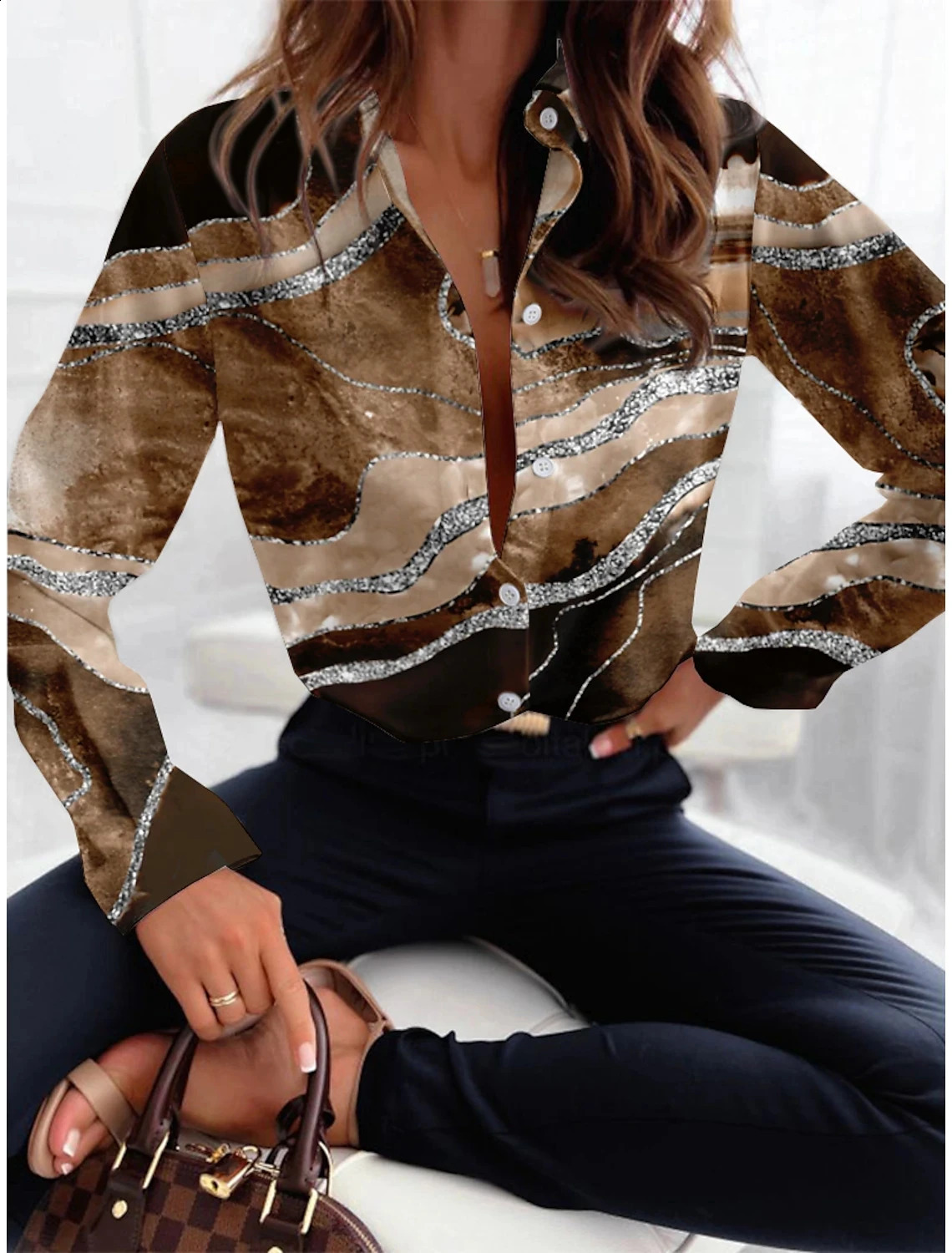 McDv Retro Loose Zebra Texture Womens Shirt Fashion Collar Long Sleeve Office Womens Shirt and Top Womens Clothing 2024 240828 - view 3