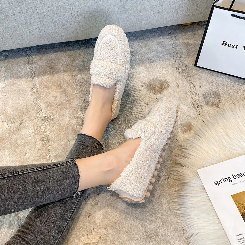 Large size womens wool flat bottomed fur Lambswool Mocassines cotton shoes womens wool lining for winter 240827