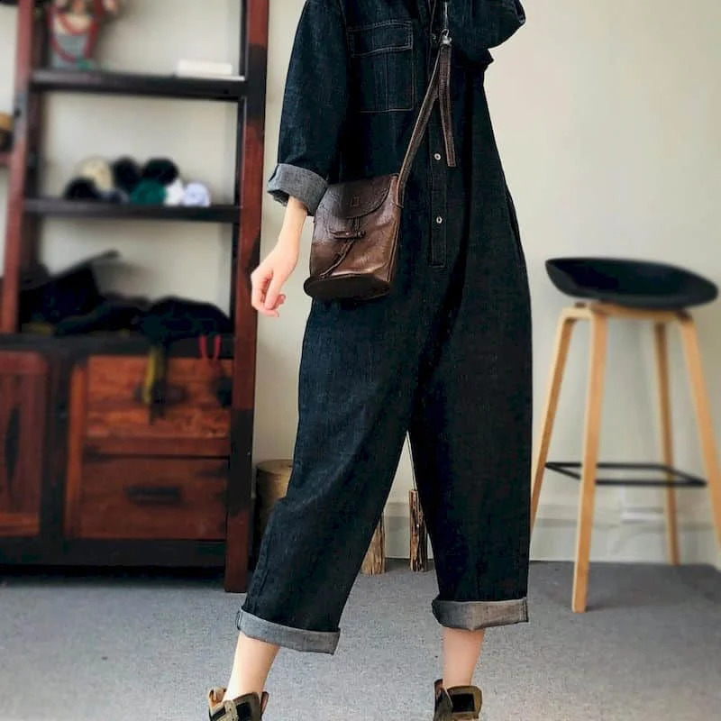Oversized denim jumpsuit womens blue denim long sleeved Playsuits high waisted fashion top casual one-piece womens clothing 240827