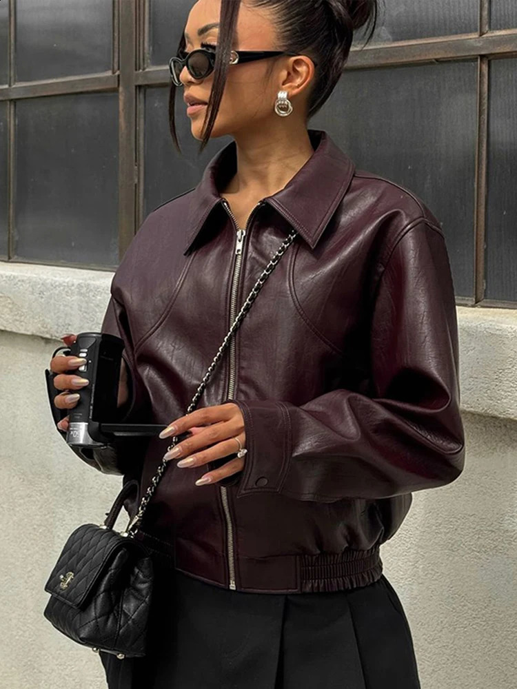 Solid zipper womens leather jacket casual lapel long sleeved womens jacket autumn casual womens jacket 240827