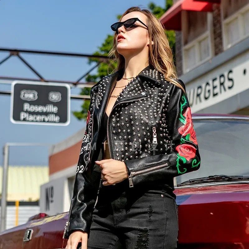 Punk Rivet Black Ultra Thin Motorcycle Leather Jacket for Women Street Clothing Comparison Printed Artificial Leather Cutting Jacket XXXL 240827