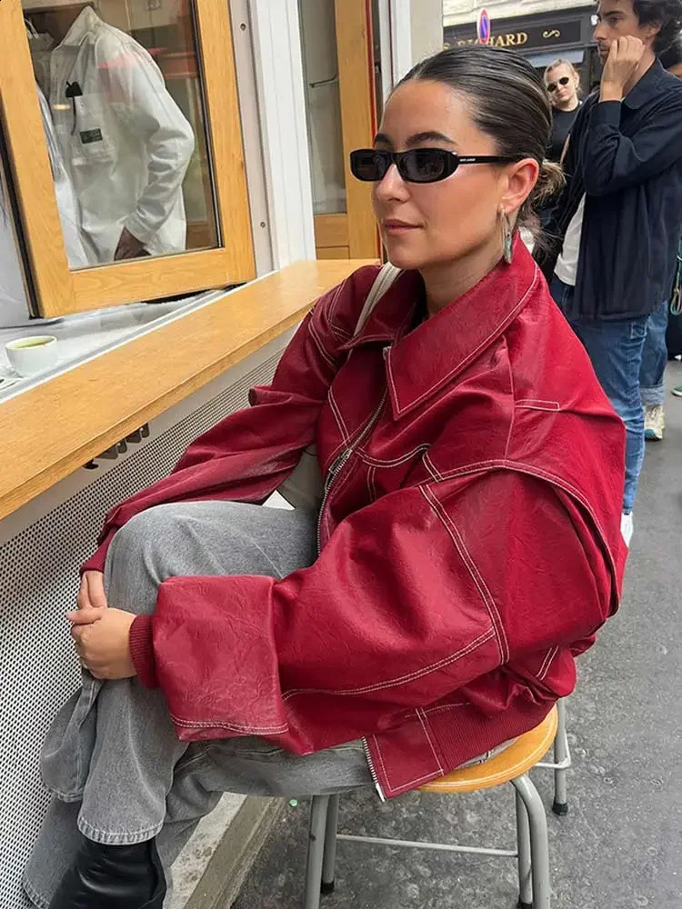 Womens red lapel zipper leather cut jacket chic retro loose casual short jacket autumn fashion motorcycle leather top 240827
