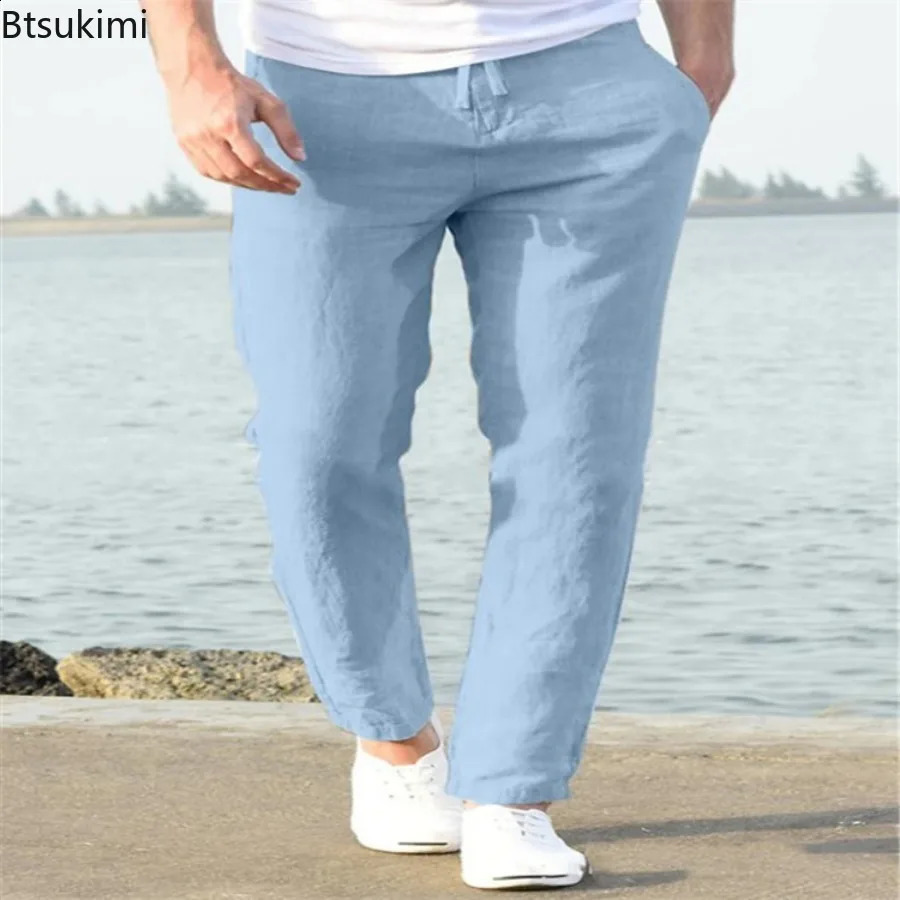 Mens linen casual pants are fashionable simple loose pencil pants with drawstring and elastic waist comfortable and breathable daily work clothes 2408