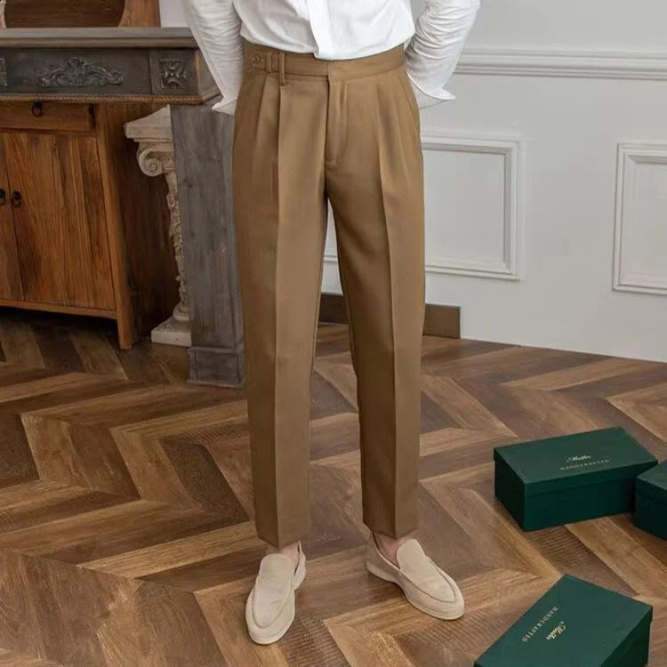 Summer Thin Button Business Tapered Trousers Apricot Versatile Naples Mens Casual High Waist Set Pants Grey Black Korean 240828
