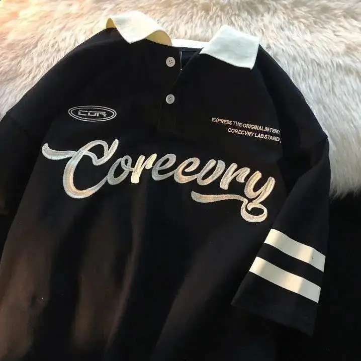 Summer Student Polo Short Sleeve Mens and Womens Fashionable Hip Hop Letter Loose Casual Tshirt Top harajuku y2k 240828