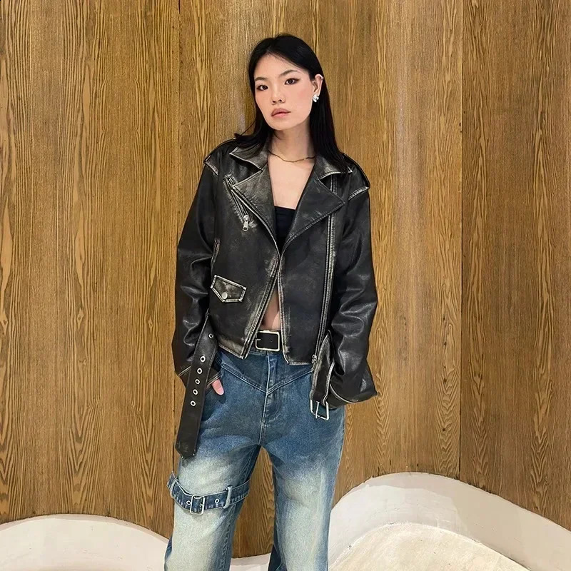 Womens streetwear vintage leather jacket retro bicycle jacket spring style womens fashion ultra-thin zipper short top gothic clothing jacket 240827