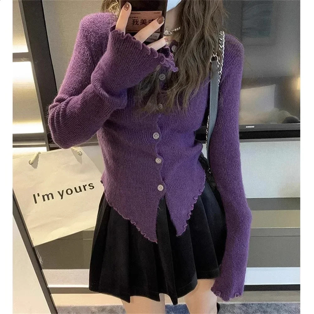 Women Kint Sweater Long Sleeve Cardigan Irregular Korean Fashion Slim Autumn Winter Casual Basic Coats Grey Vintage Cardigans 240819