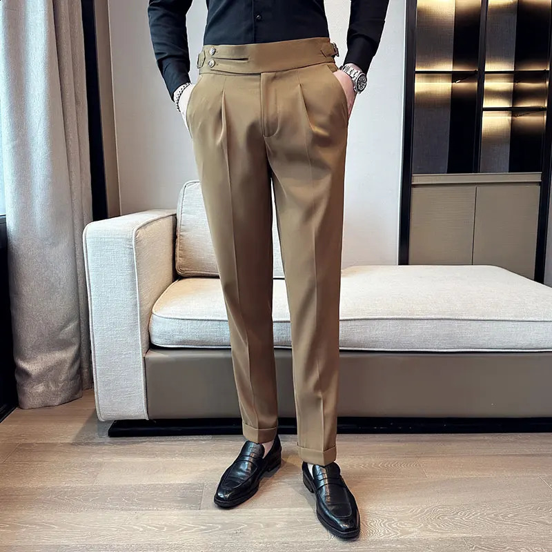 Naples mens pure high waisted casual suit pants with belt n ultra-thin slim fit mens casual dress pants 240828
