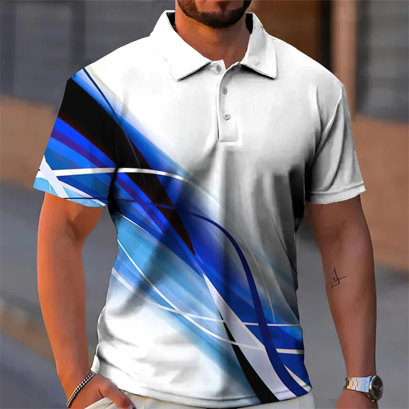 Colorful light pattern mens summer polo shirt 3D loose oversized street lapel button fashion trend 240828