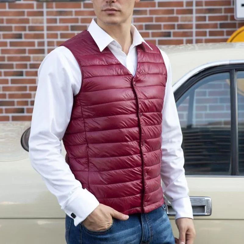 Mens warm cotton vest autumn mens sleeveless jacket middleaged and elderly solid color Vneck single chest down 240827