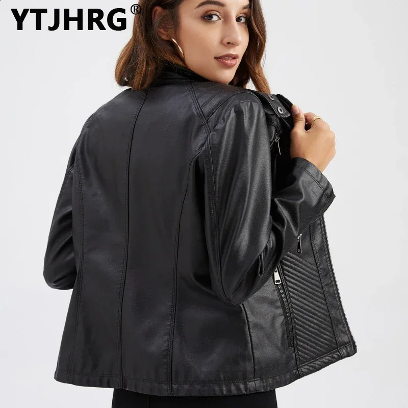 YTJHRG Womens Leather Jacket and Womens Clothing Coat Autumn/Winter Womens Long Sleeve Motorcycle Top Zipper 240827