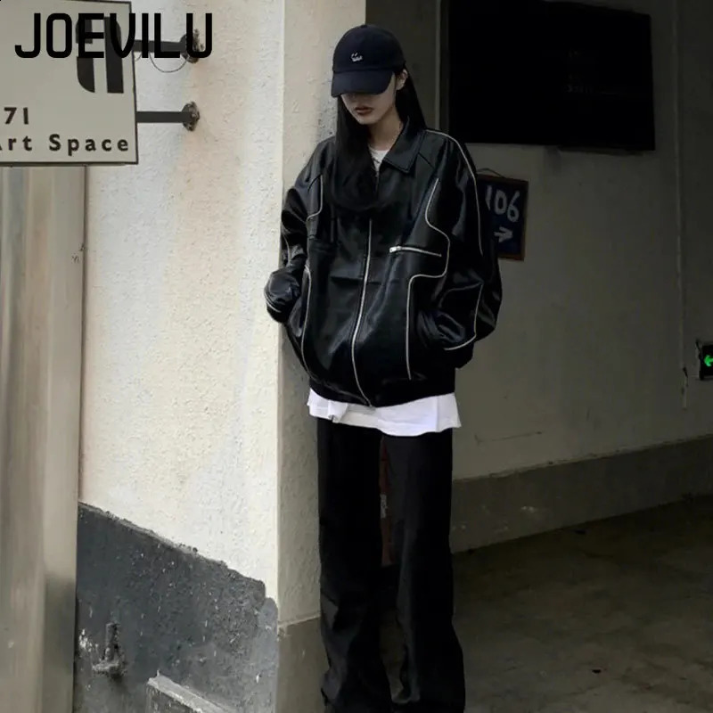 Black leather bomber jacket streetwear motorcycle Pu baseball jacket loose casual zipper cardigan top unisex hip-hop jacket 240827