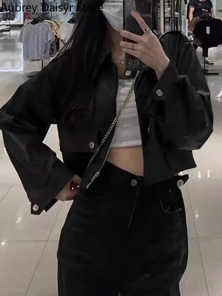 Brown pleated leather jacket womens streetwear motorcycle zipper leather jacket winter punk retro casual jacket 240827