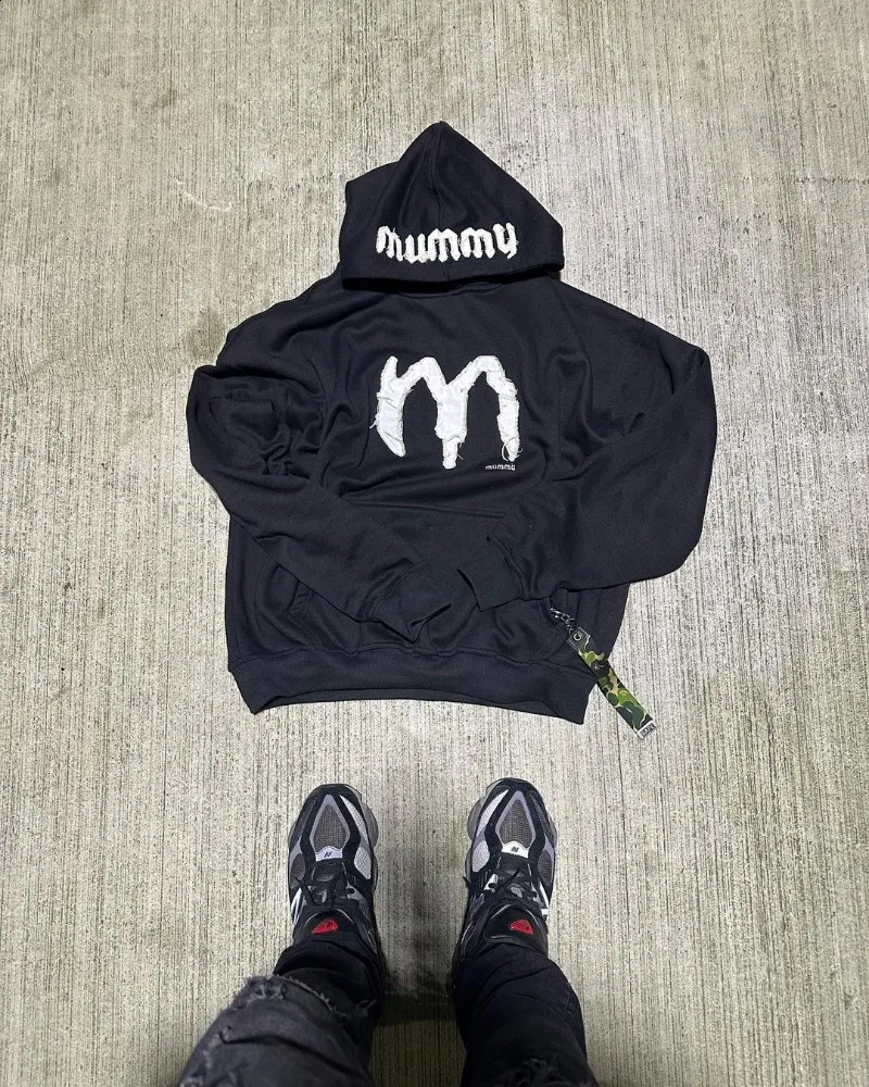 Y2k Street Fashion Loose Hoodie Retro Letter Embroidery Over Pulling Mens Hip Hop Rock Sportswear Womens 240827