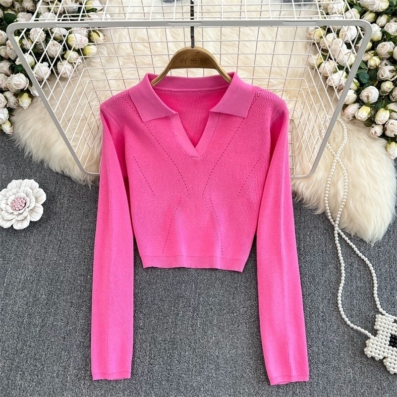 Long sleeved ultra-thin knitted collar T-shirt sexy and elegant T-shirt fashionable high waisted T-shirt womens spring and autumn crop top Y2k 240827
