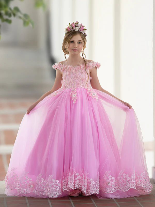 Princess Pink Wedding Flower Girl Dresses Sheer Cap Sleeves Ball Gown Kids Birthday Party Gowns Beaded Bow Tie Puffy Sleeves Formal Kid Dress