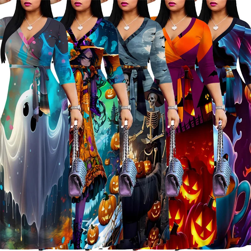 Ladies Halloween party elements printed long sleeved V-neck high waisted long skirt autumn city fashion stunning dress 240827