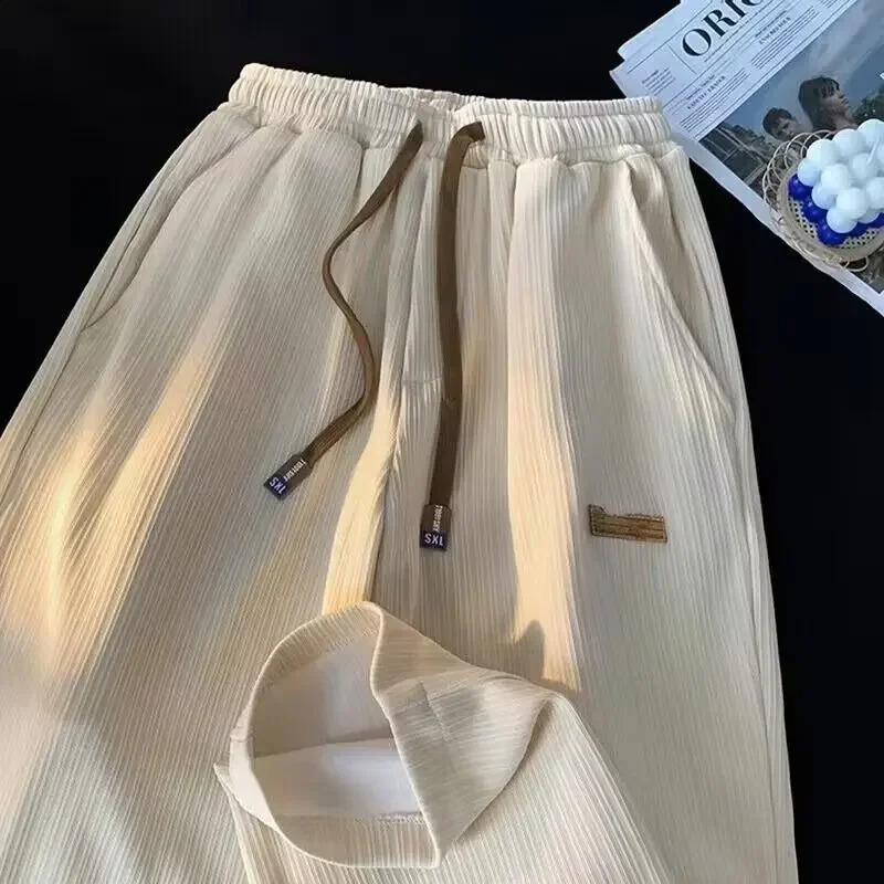 Summer silk mens pants straight leg wide leg casual pants Korean fashionable sports mens pants 240828