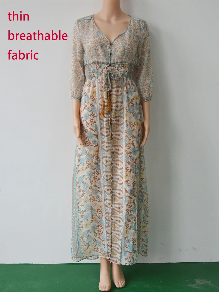 Retro long dress womens chiffon floral print long dress womens summer bohemian big hem polyester beach party dress 240827