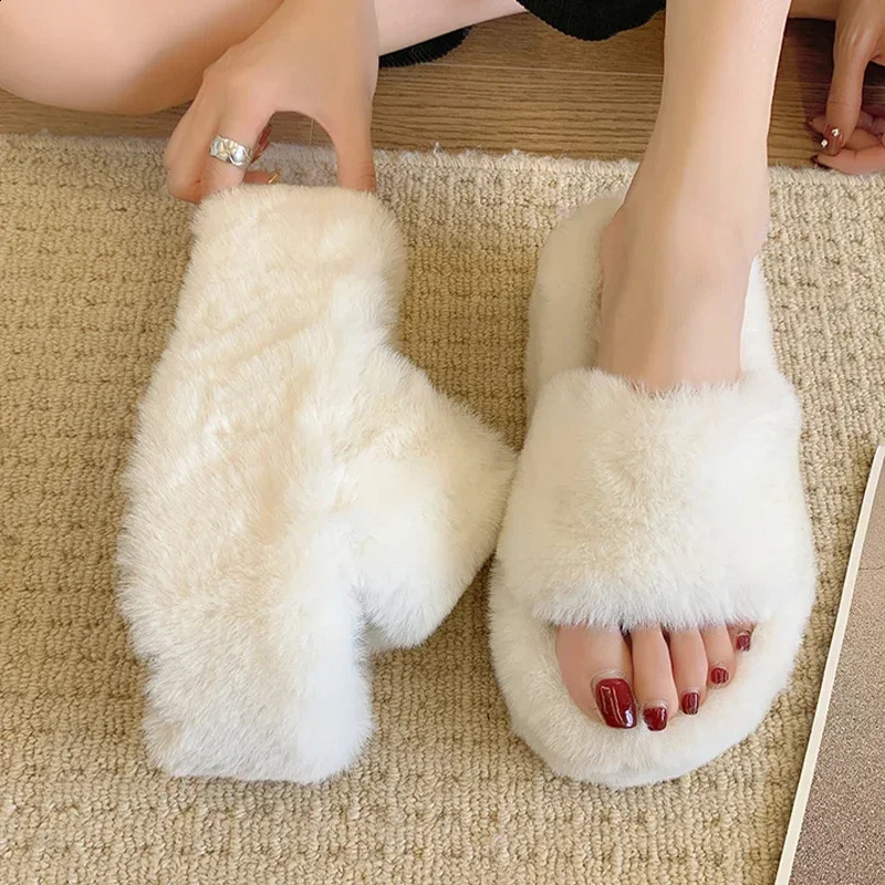 Womens high heels fur slider winter shoes 2024 plush warm flip platform mule cotton shoes pump womens boots 240827