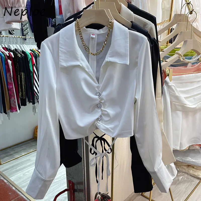 Neploe Small Fragrant Wind Tops Femme Y2K Spring French Retro Simple Solid V-neck Drawstring Casual Thin Long Sleeve Shirt 240827