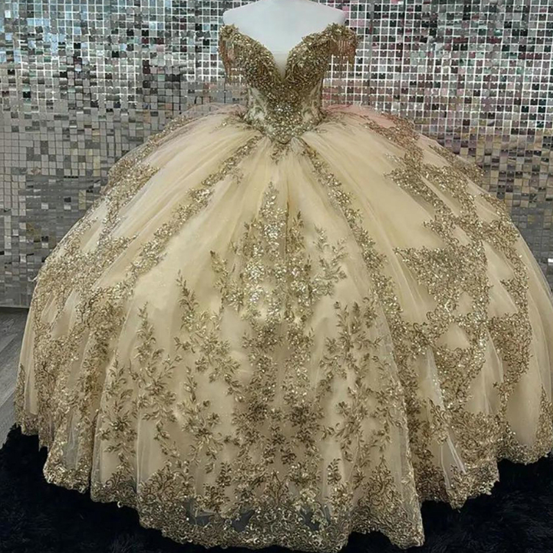 Champagne Off The Shoulder Beading Tassel Quinceanera Dresses Ball Gown Sequined Appliques Lace Sweet 15 Birthday