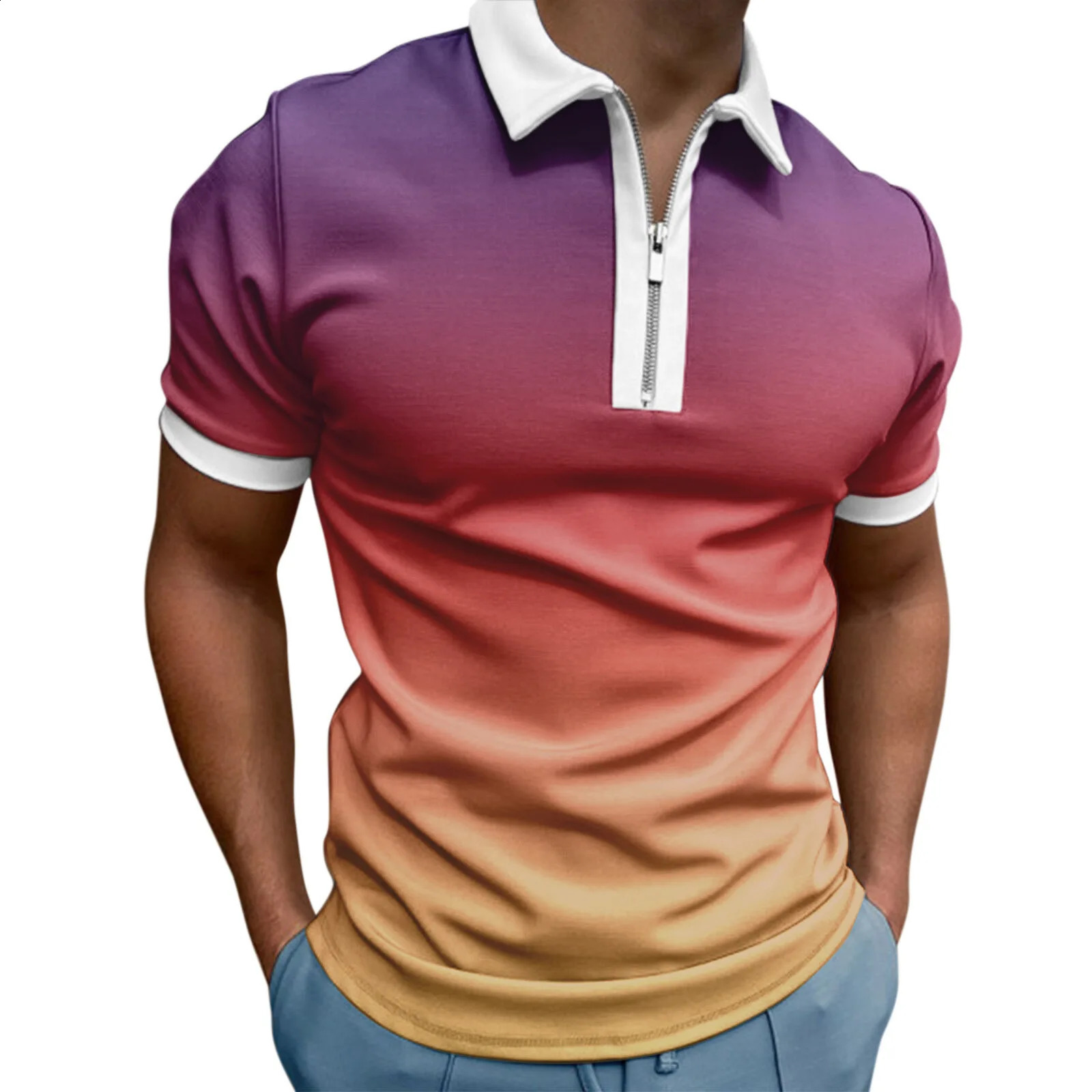 3D Gradient Printed Mens Zipper Neck Polo Shirt European and American Trend Short Sleeve Tshirt 240828