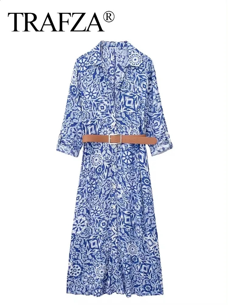 TRAFZA Womens Fashion Shirt Dress with Long Sleeve Collar Retro Button Up Floral Print Elegant Midi 240828