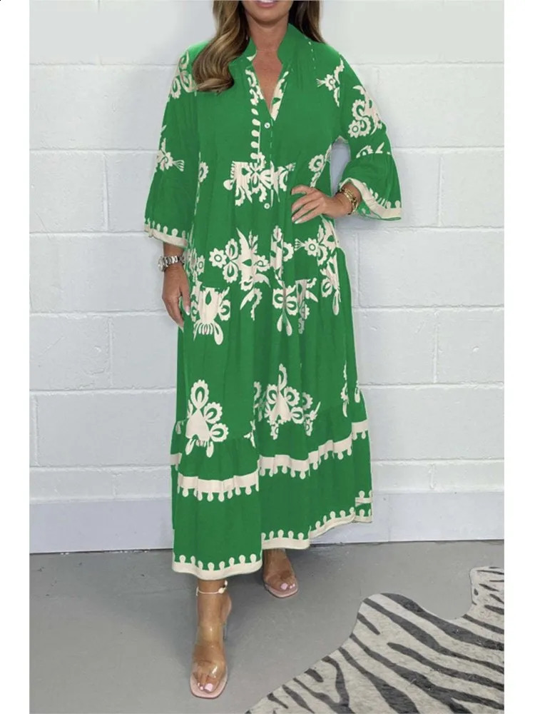 Womens Printed Loose Ethnic Retro Dress Spring and Autumn V-neck Button A-line Long Dress Summer 3/4 Sleeve Bohemian Long Dress