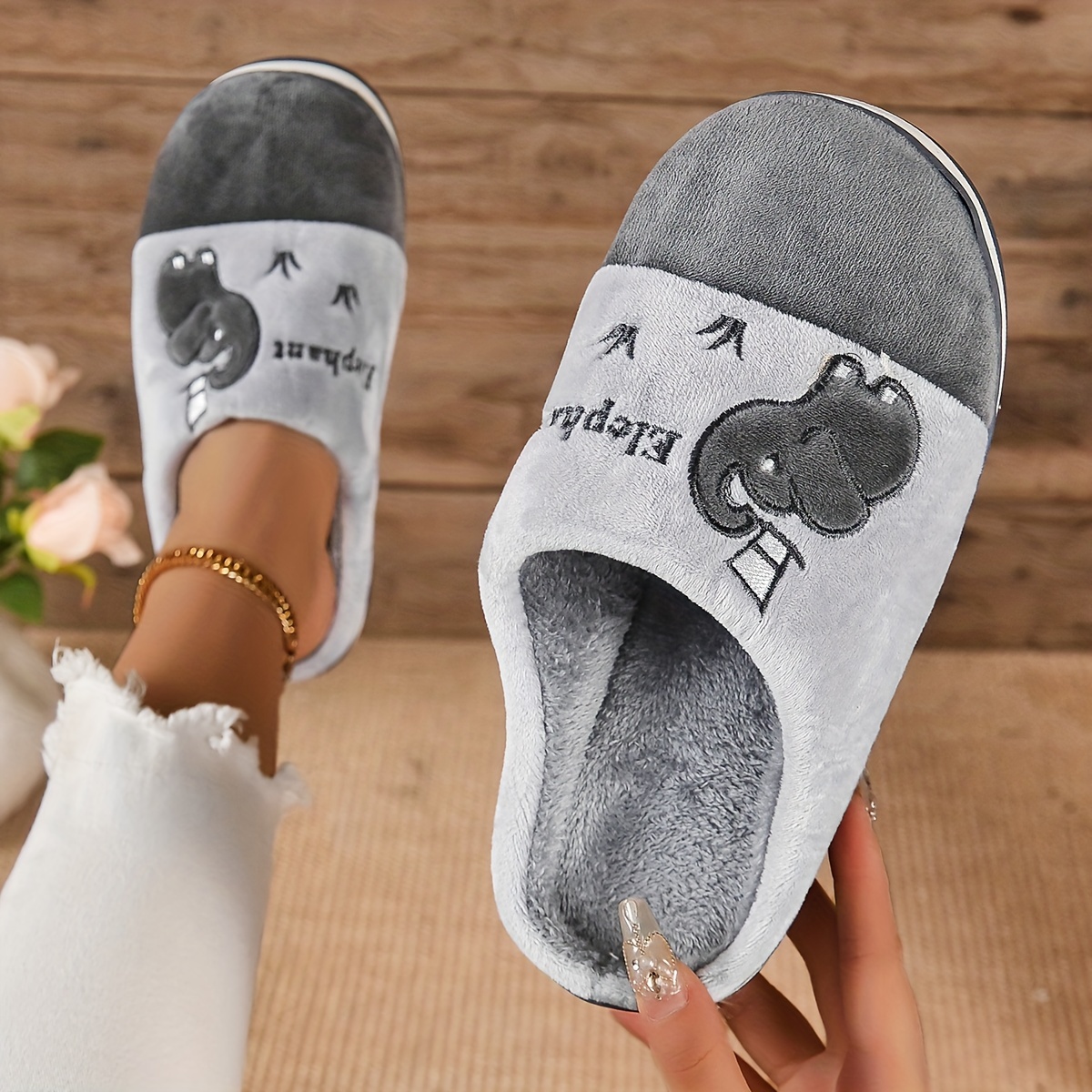 Kawaii Cartoon Elephant Slippers - Soft Fabric Lined, Plush Comfortable Indoor Shoes with Rubber Soles, All-Season Wear, Cartoon Pattern Design, Cozy 