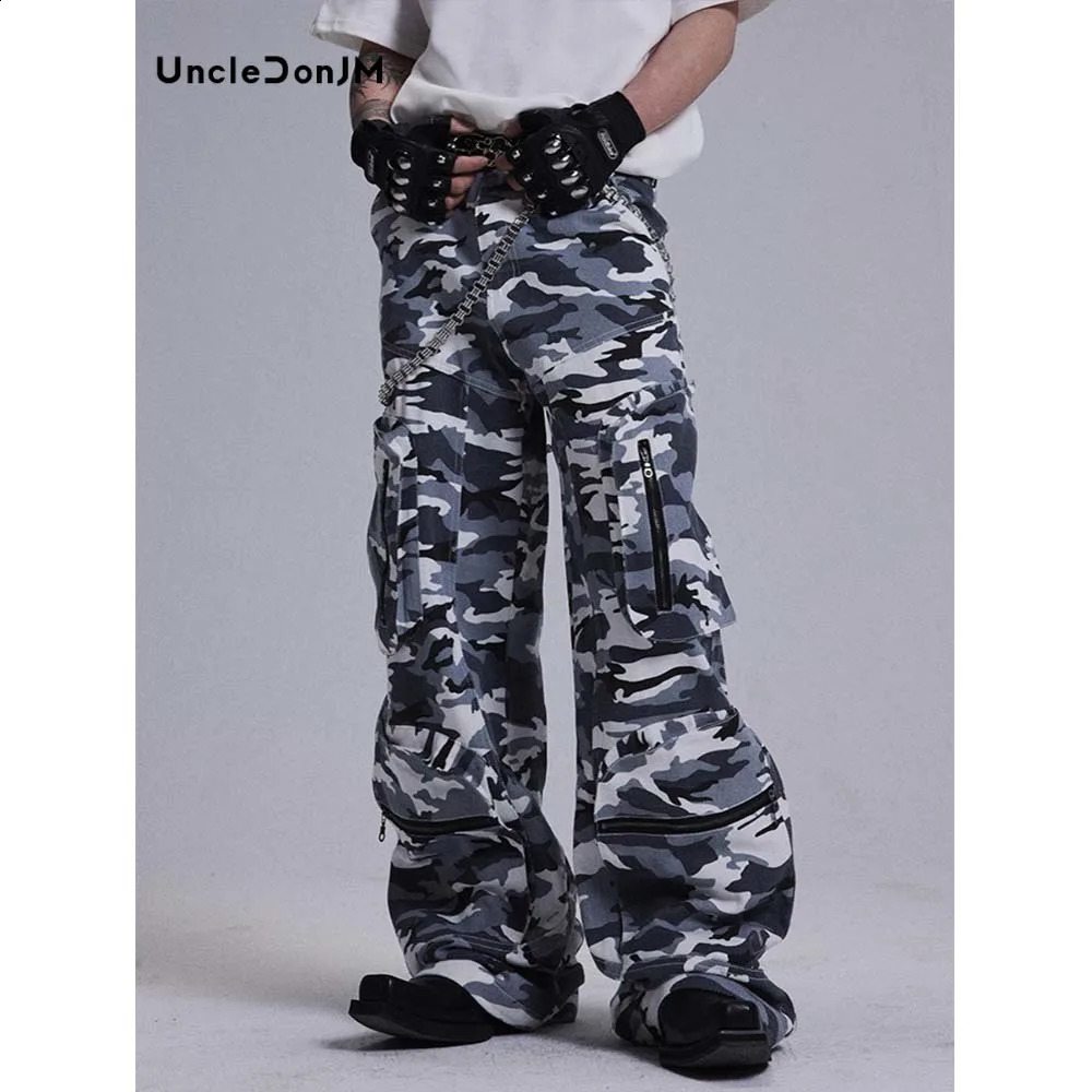 Camouflage zipper multi pocket casual pants summer retro workwear street mens Harajuku cargo 240827