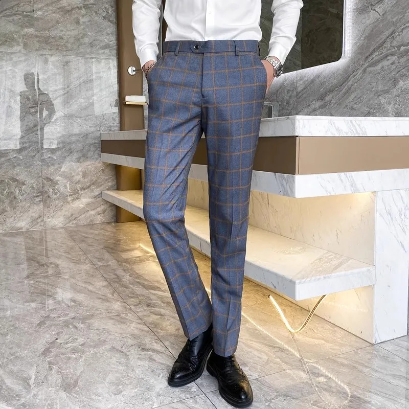 Brand Mens Striped Flat Pants Four Seasons High Quality Business Close Up Light Grey Straight 240827