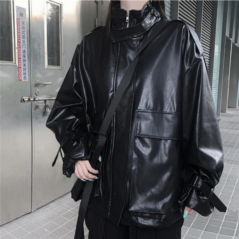 Deeptown Goth leather jacket womens Gothic oversized zipper Harajuku fashion streetwear jacket womens dark academic loose black 240827